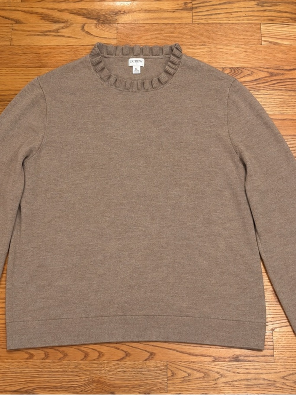 J.Crew Ruffle Neck Sweater Taupe Brown 100% Cotton Classic Crewneck XL